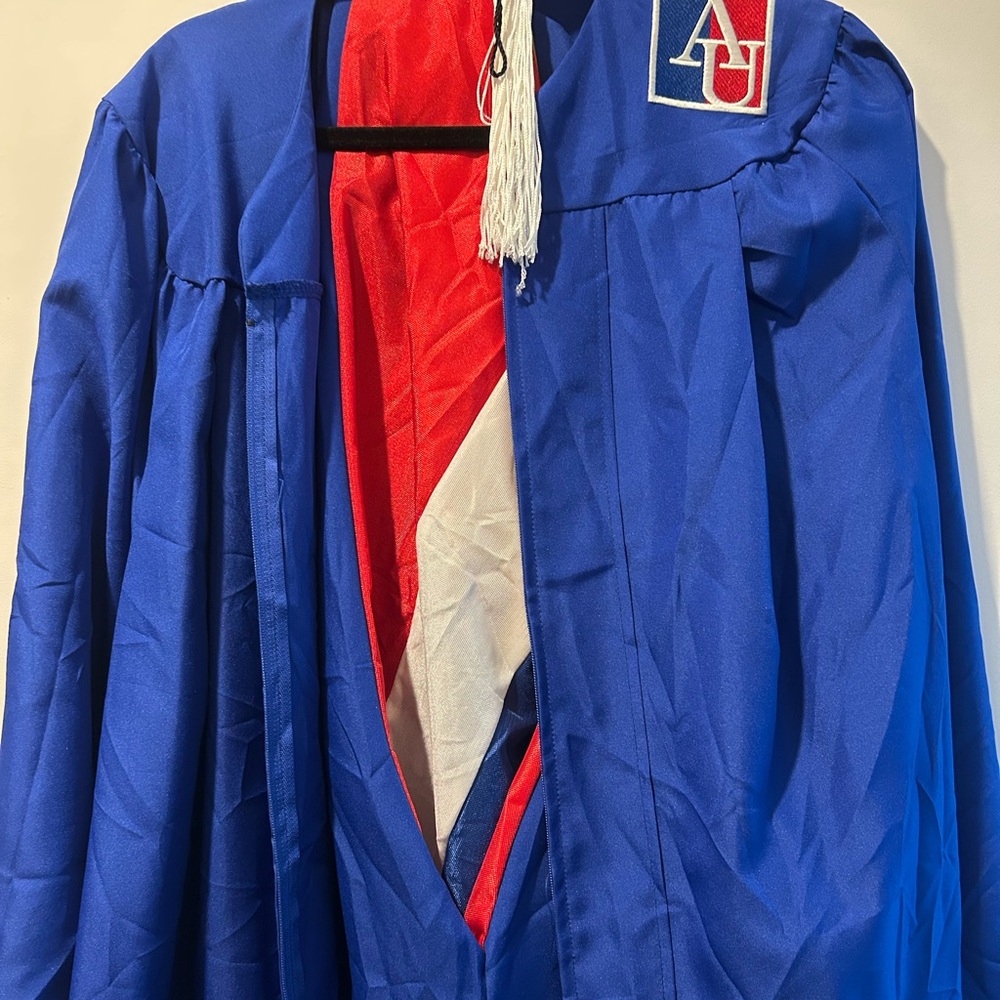 Blue Graduation Gown with Red and White Accents American University SPA